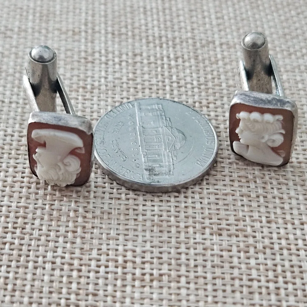 Carved Stone/Shell Top Cufflinks Vintage‎ Sterling Silver
